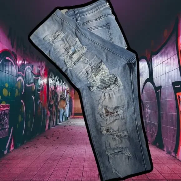 Blue Topic Rhinestone Studded Patch Distressed Denim Jeans Y2K Style - Size 9/10 - Picture 14 of 16